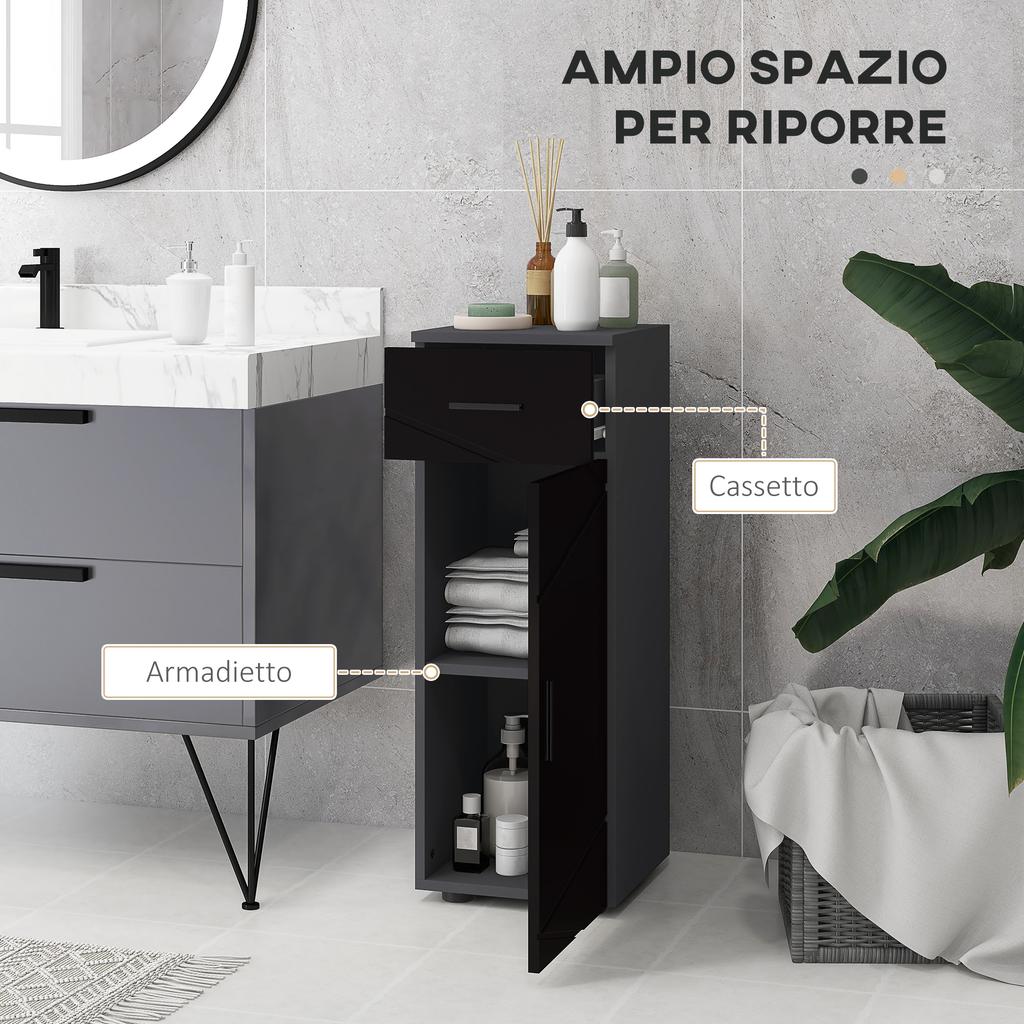 Chipboard Bathroom Cabinet with Drawer and Adjustable Two-Tier 30x30x82cm. Black and Gray