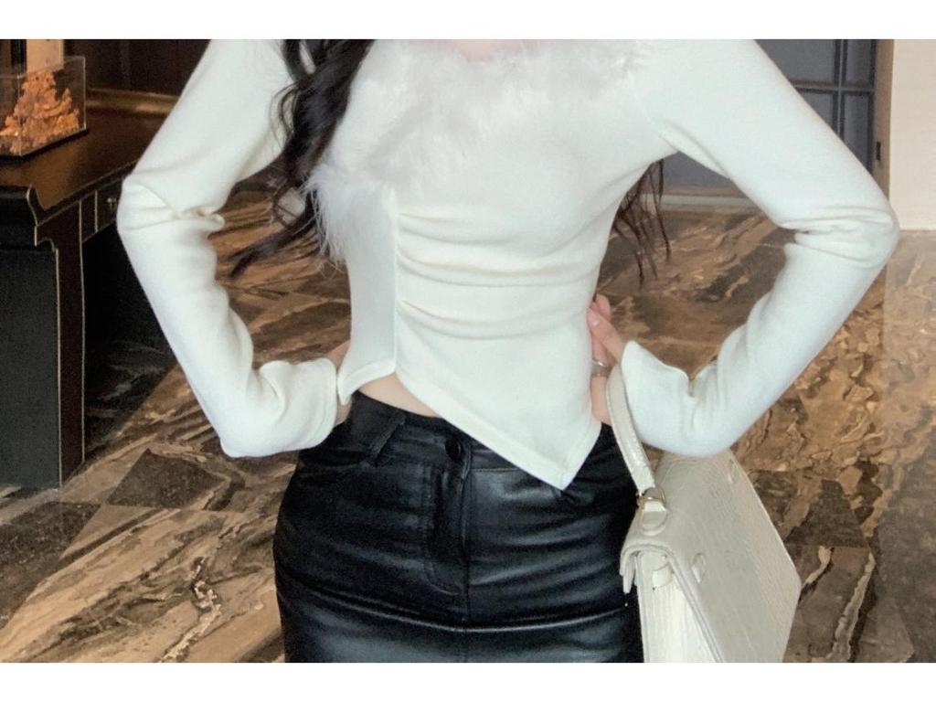 Chic French Autumn Winter Slim Fit Furry Square Neck Top for Women