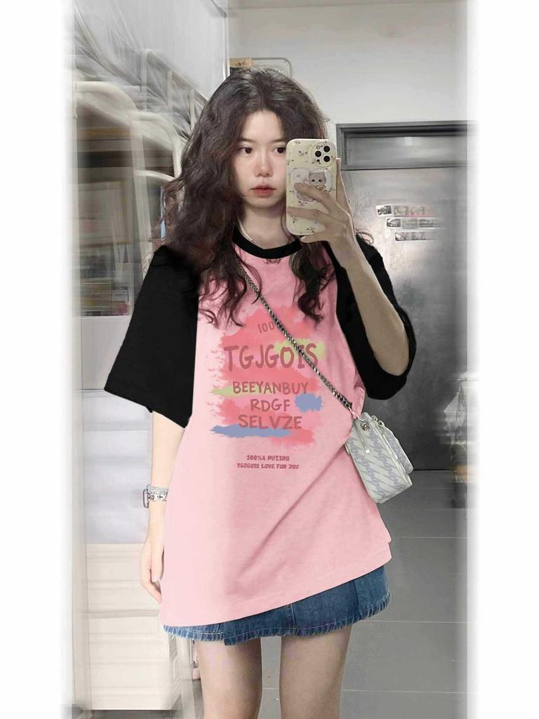 Women's Plus Size Color-Blocked Retro Cotton Short-Sleeve T-Shirt - Black/Pink
