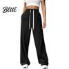 Solid Color Casual Pants Women Elastic High Waist Adjustable Drawstring Straight Wide Leg Trousers with Pockets Wide-leg