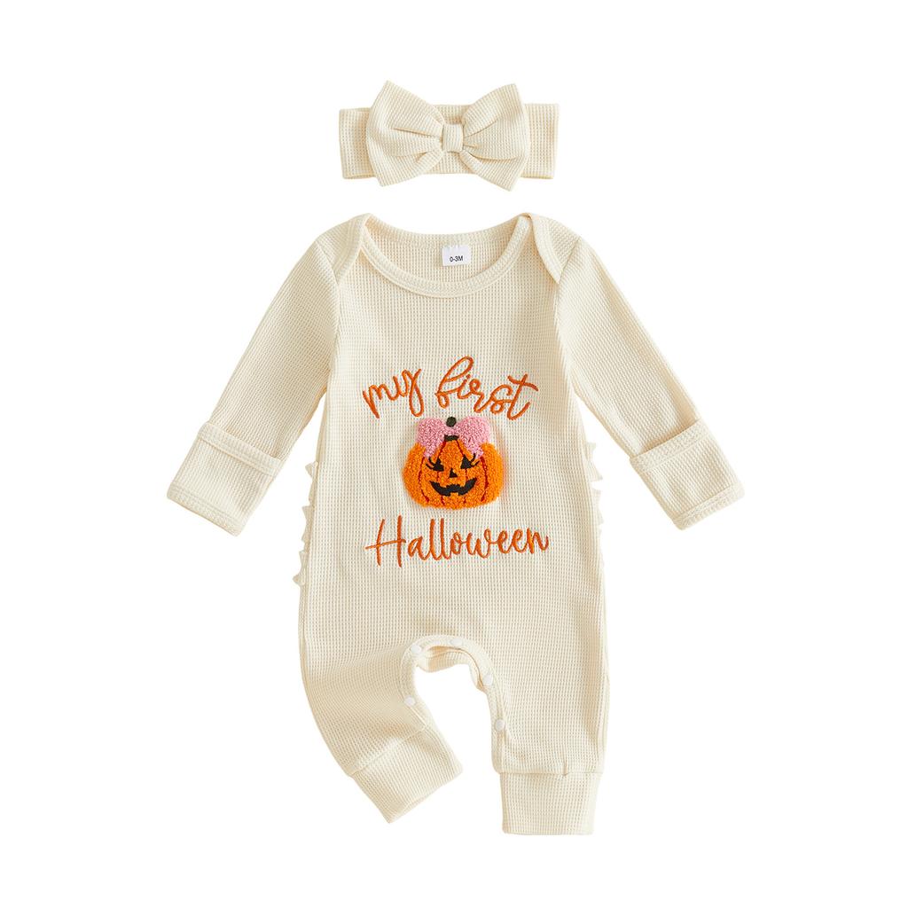 Citgeett Autumn Infant Baby Girl Fall Outfit Long Sleeve Pumpkin Embroidery Jumpsuit Headband Casual Clothes
