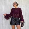 Womens Vintage French Style Ruffle Chiffon Blouse 2025 Elegant Wine Red Round Neck Top