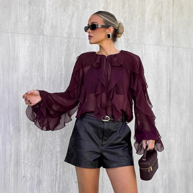 Womens Vintage French Style Ruffle Chiffon Blouse 2025 Elegant Wine Red Round Neck Top