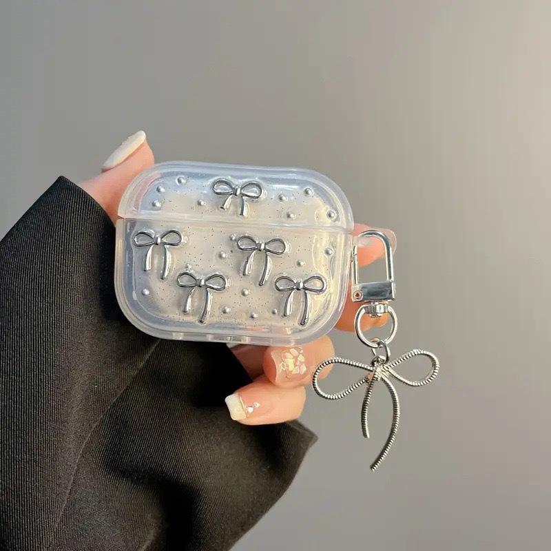 Applicable Airpods 1 /2 Generation Earphone Protective Case Cover Airpodspro3 Generation Silver Bead Creative Women'S Bow