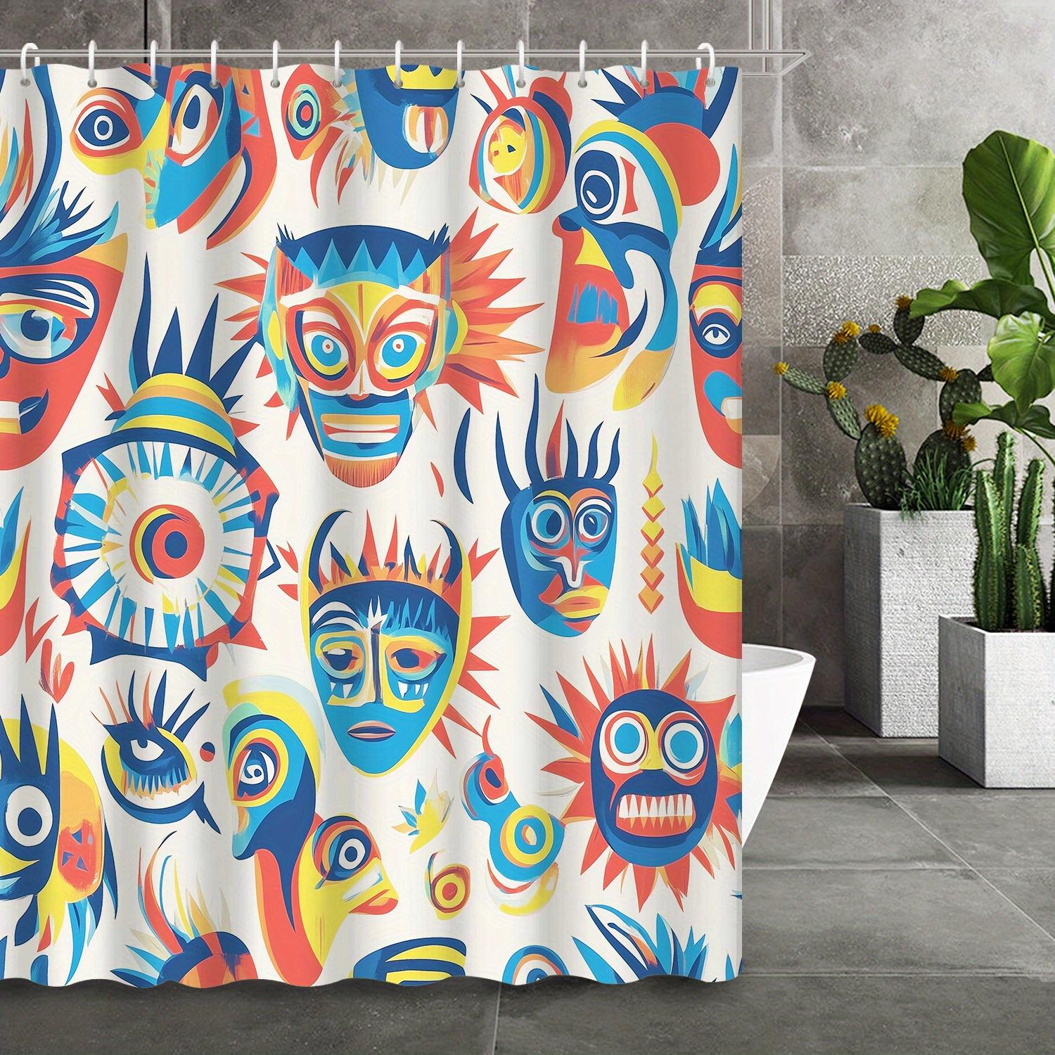 

Cartoon Abstract Colorful Mask Shower Curtain For Carnival Home Decor, 12 Hooks, Durable Fabric W60H190(CM)-1 Pcs