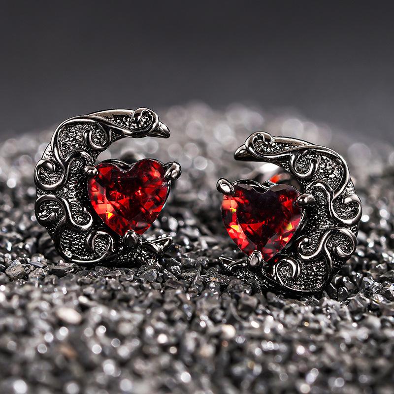 Halloween sweet and cool red heart stud earrings, moon thorns love jewelry, dark wind elegant explosion