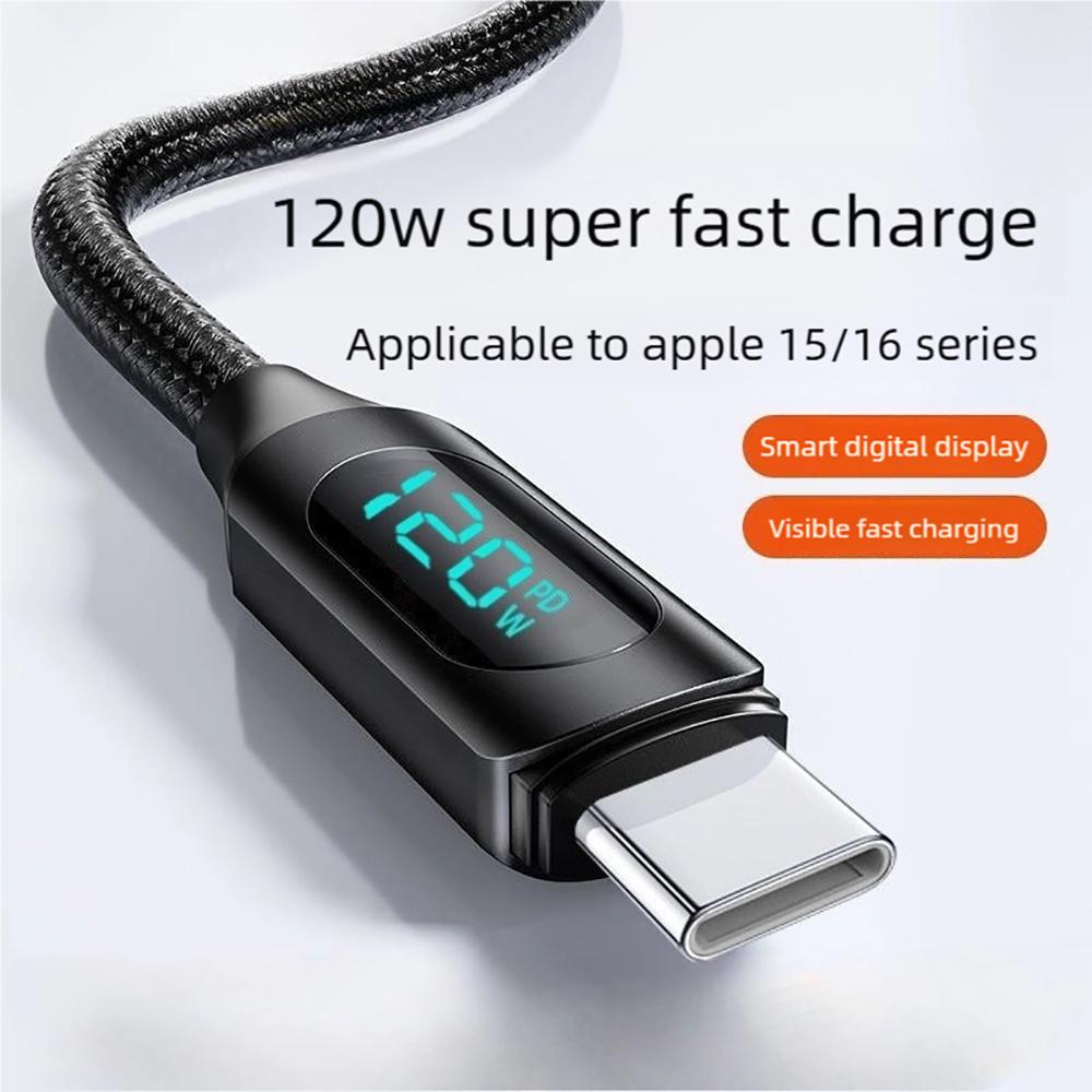 120W USBA to Type-C 6A Fast Charge Cable Nylon Braided with LED Display for POCO Realme Samsung Xiaomi iPhone 16 Macbook iPad