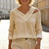 Women T-shirt V-Neck Off Shoulder Long Sleeve Pullover Tops Pure Color Loose Fit Summer Casual Shirt Daily