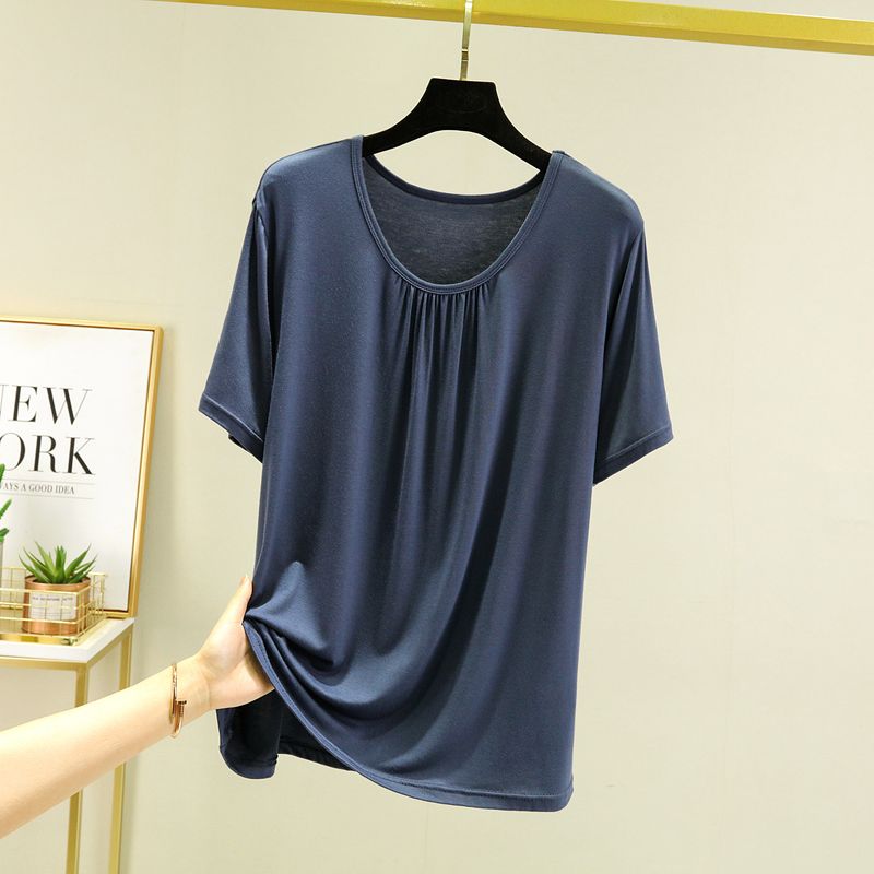 

Plus size Modal Short sleeve T-shirt Women Summer Outer Wear Half Sleeve T-shirt Solid Inner wear Loose Slimming round Neck Top Navy L (Recommendation 55.00 kg-65.00 kg