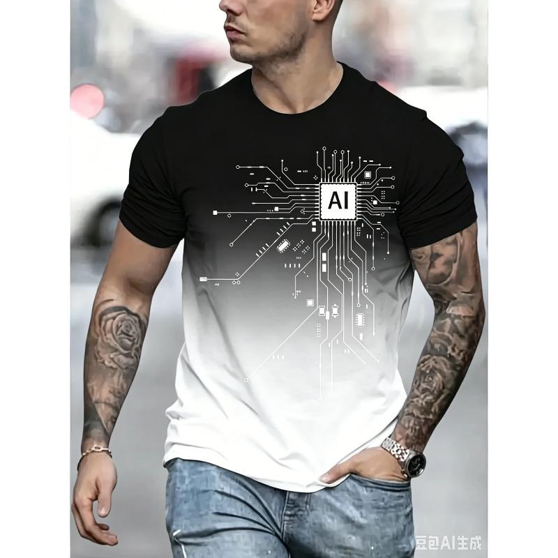 2026 New Men's AI Circuit Board Print T-shirt Gradient Crew Neck Short Sleeve Casual Tee for Streetwear Summer Breathable Tops
