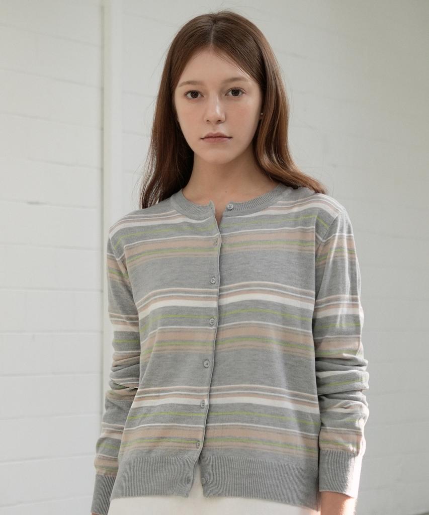 VLETI Slim Stripe Featherlight Button Cardigan (Gray)