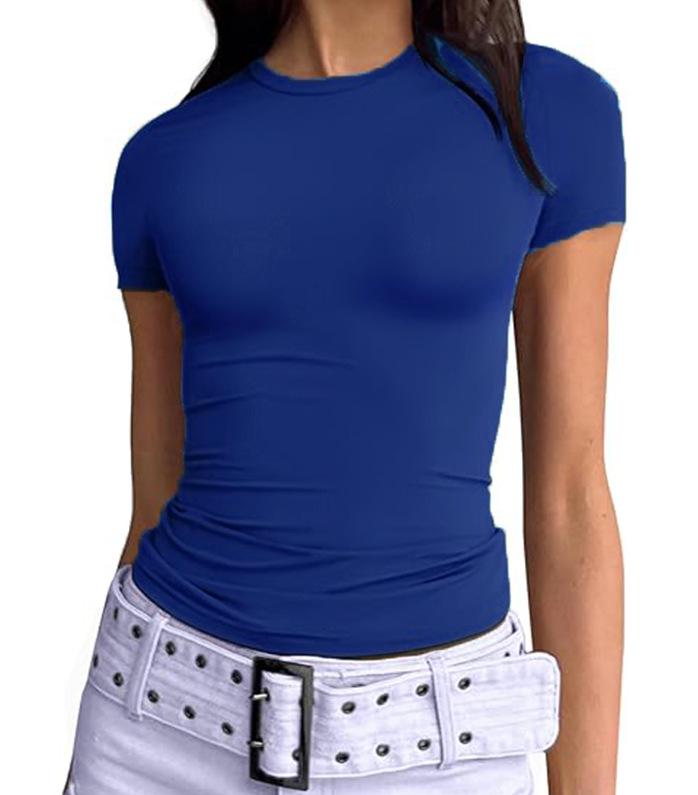 

Європейська та американська літня жіноча футболка-пуловер з молочного шовку для схуднення, модна футболка з круглим вирізом, жіночий верхній одяг високого класу S