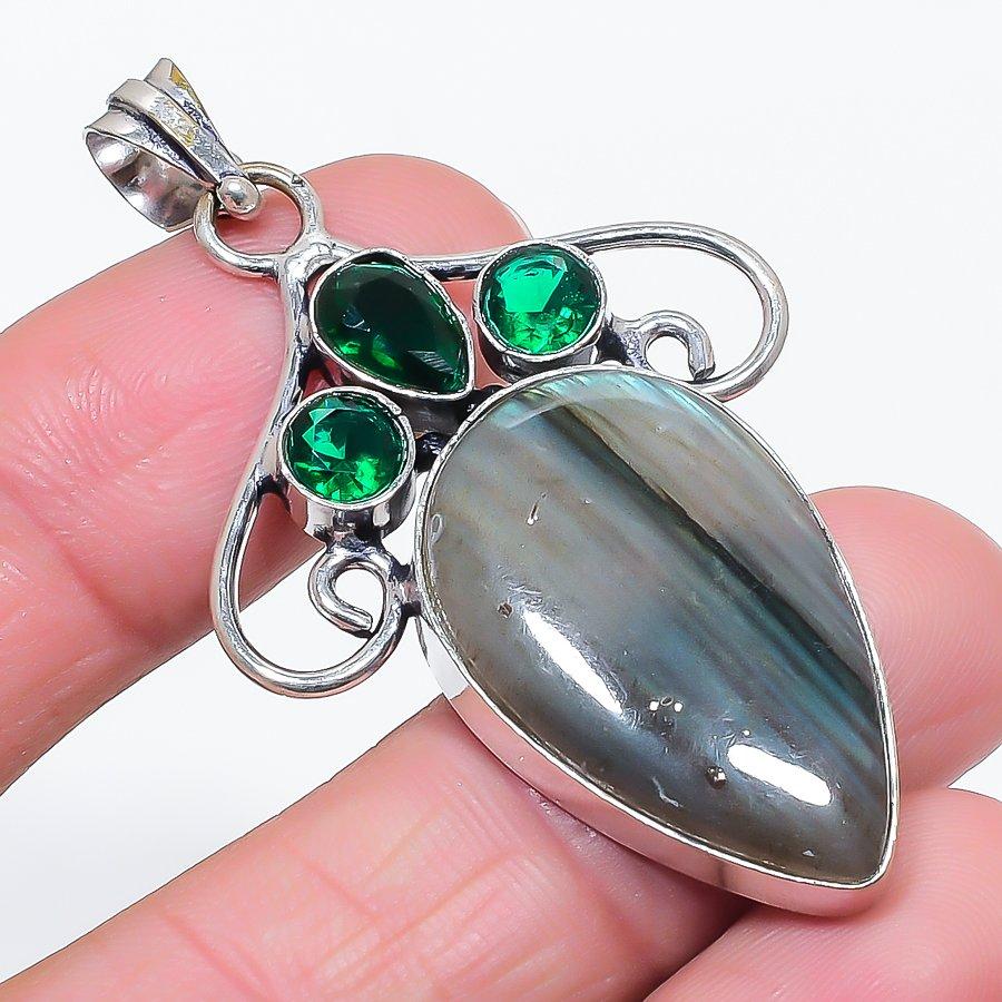 Labradorite, Diopside Gemstone 925 Sterling Silver Jewelry Pendant 2.29"
