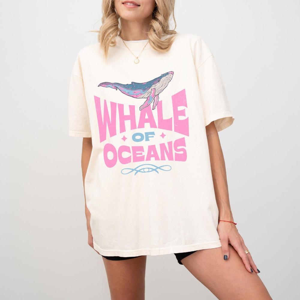 Vintage Gewaschenes Wal der Ozeane Shirt Retro Wal Grafik Streetwear Mode Lässig Unisex Sommerurlaub Kleidung Baumwolle T-Shirt
