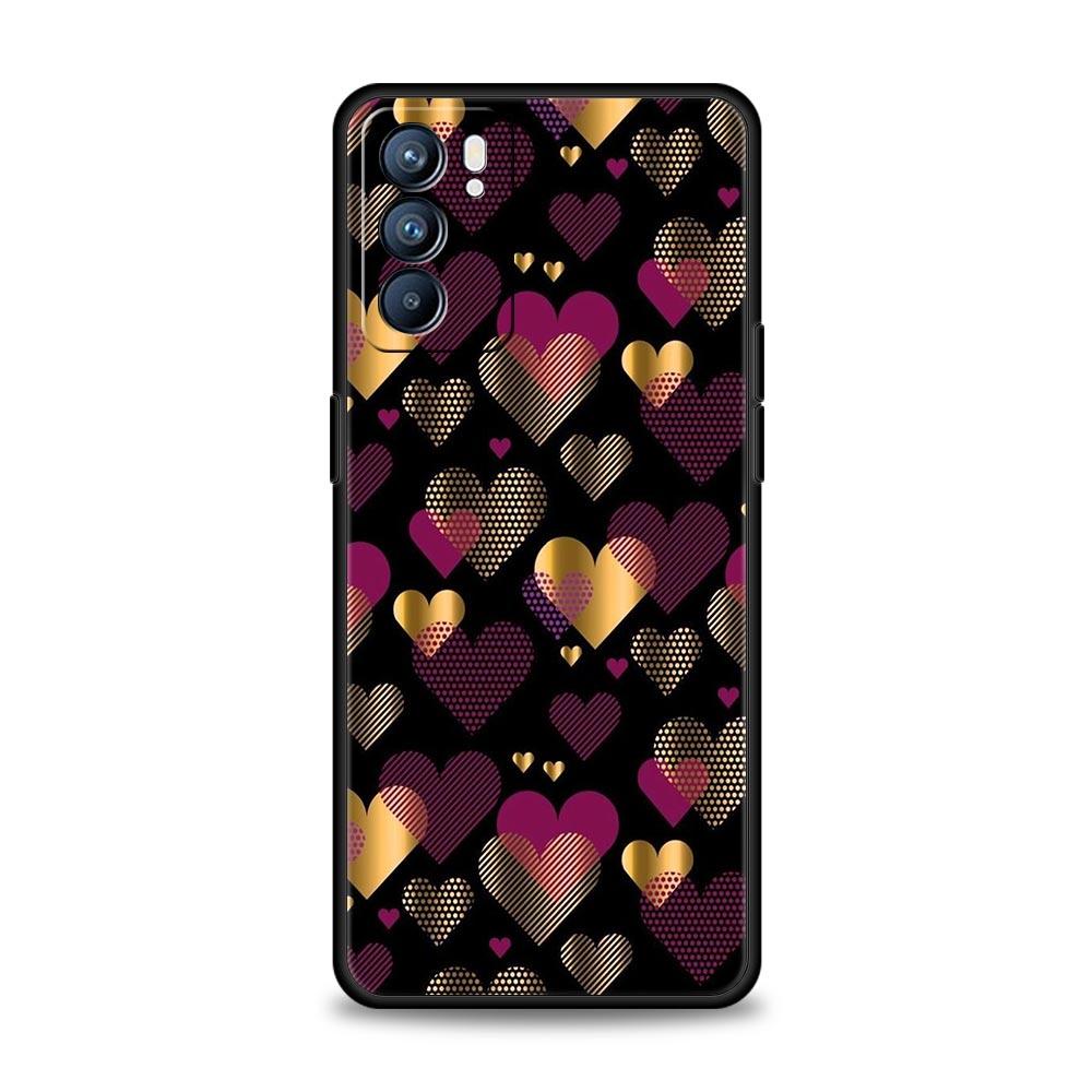 Gold Pink Rose Glitter Hearts Case For Oppo A54 A53 A52 A15 A95 A16 A78 A79 A80 A98 4G Find X5 X6 Reno10 12 13 F Pro 5G Cover