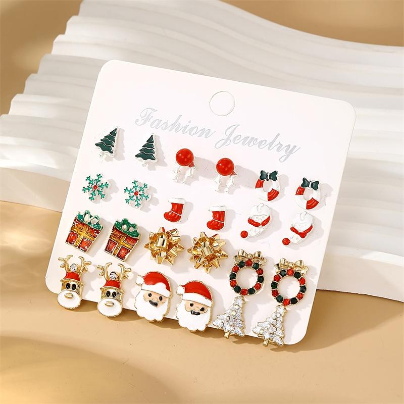 24Pcs Christmas Earrings Set For Women Small Shiny Zircon Xmas Tree Santa Claus Snowflake Earring Party Jewelry Accessories Gift