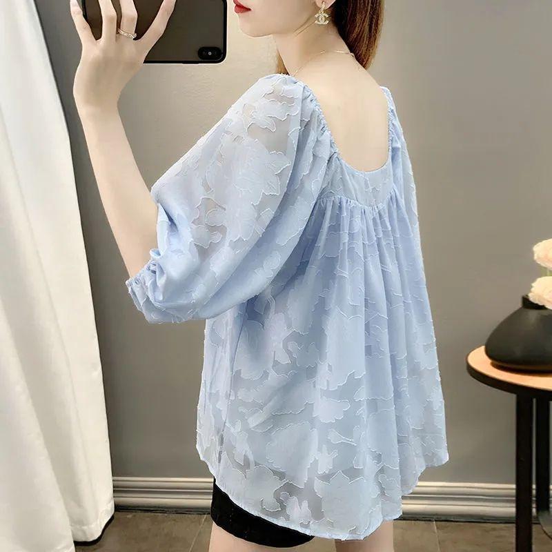 Trendy Summer Plus Size Chiffon Shirt Loose Bubble Sleeve Short Sleeve Top Hide Belly Flowy