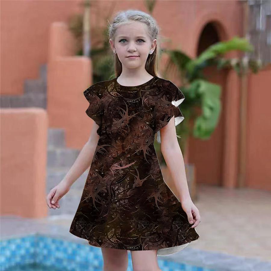 Dívčí modré šaty s potiskem javorového listu Dětské Dívčí společenské šaty Volný střih Volný střih sukně s krátkým rukávem pro dívky starší čtyř let