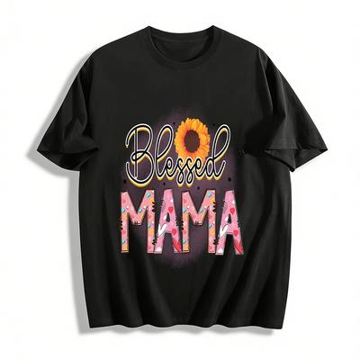 Blessed Mama Sunflower Heart Graphic Casual T-Shirt Pure Cotton T-shirt