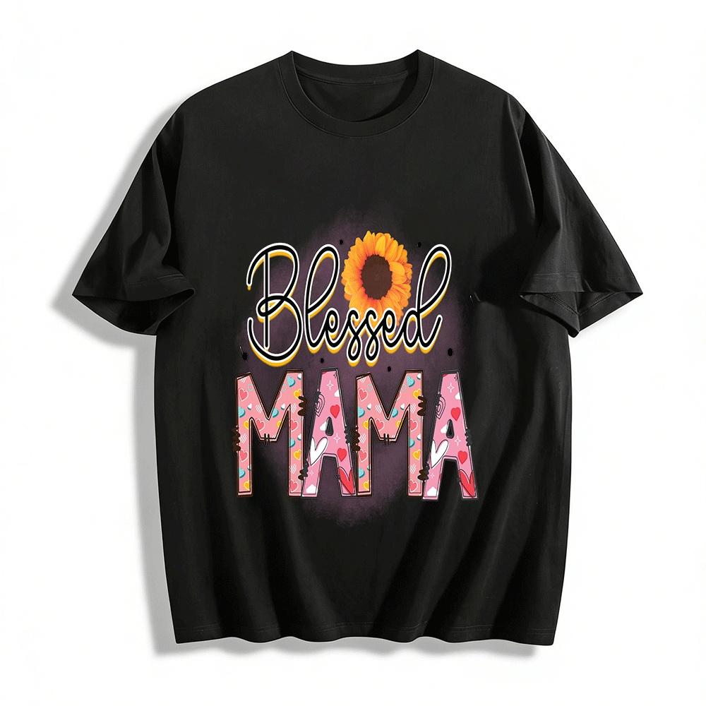 Blessed Mama Sunflower Heart Graphic Casual T-Shirt Pure cotton T-shirt XXS