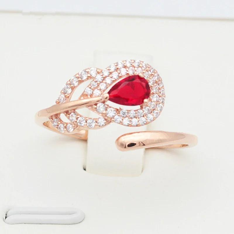 Plated Rose Gold Feather Ring for Women New In Inlaid Red Gem Creative Light Luxury Wedding Zircon Adjustable