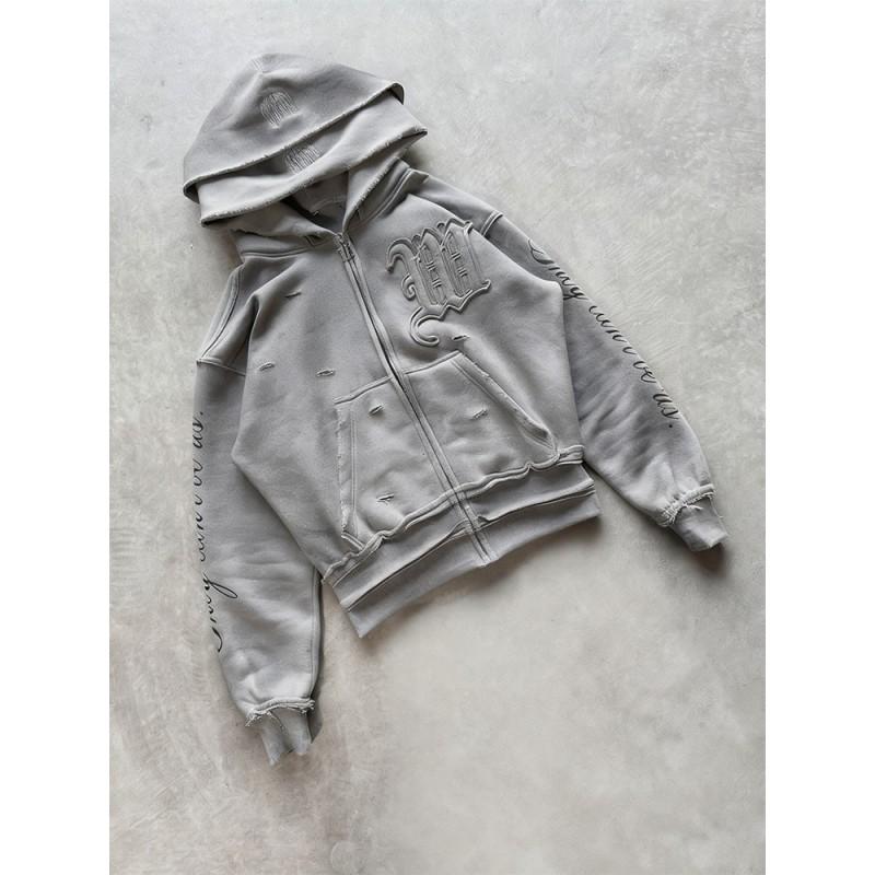 Erkek Rahat Kapüşonlu Fermuarlı Sweatshirt Düz Bacak Yırtık Pantolon Takımı Pamuklu Sokak Giyim Kıyafeti