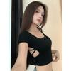 Design Sense Hollow Backless Square Neck Short-sleeved T-shirt Women's Summer Unique Self-cultivation Scheming Sexy Pure Desire Top