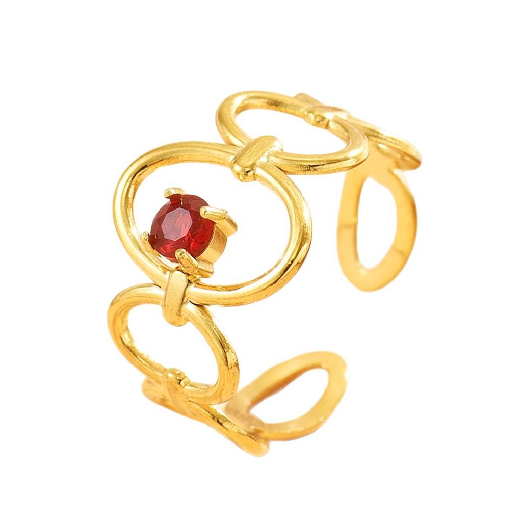 Geometric Hollow Stainless Steel Open Ring with Colored Zircon