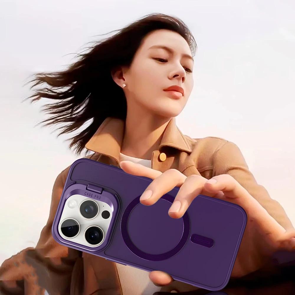 Magnet Magsafe Camera Holder Stand Soft Matte Phone Case For Apple iPhone 15 14 13 12 11 Pro Max 15 Plus Wireless Charging Cover