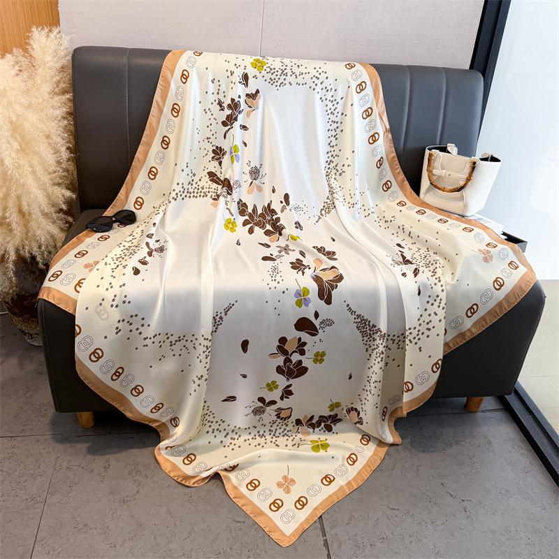 Elegant floral imitation silk high-end 111cm large square scarf silk scarf printed shawl sunscreen scarf headscarf scarf