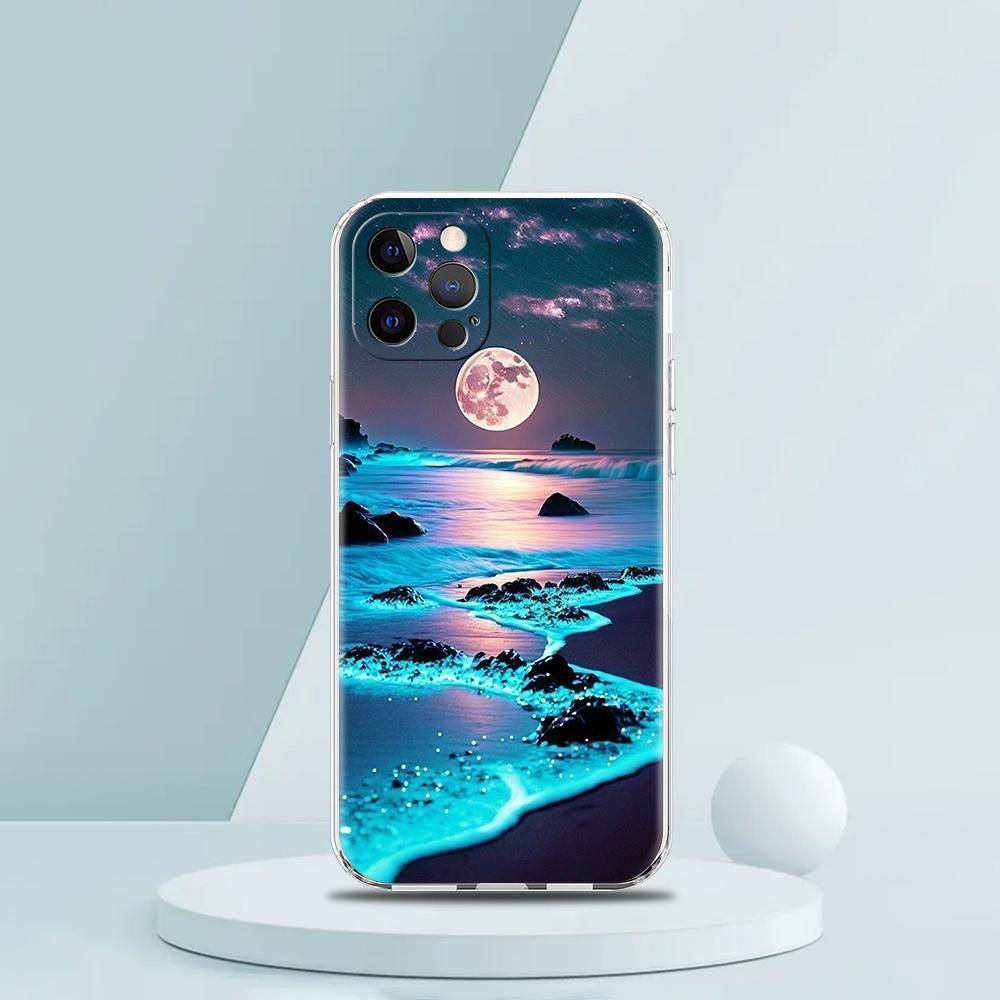 Soft TPU Transparent Phone Case for iPhone 16 15 14 13 12 11 Pro Max XR 8 7 Plus XR Starry Night Art Aesthetic Beach Night View