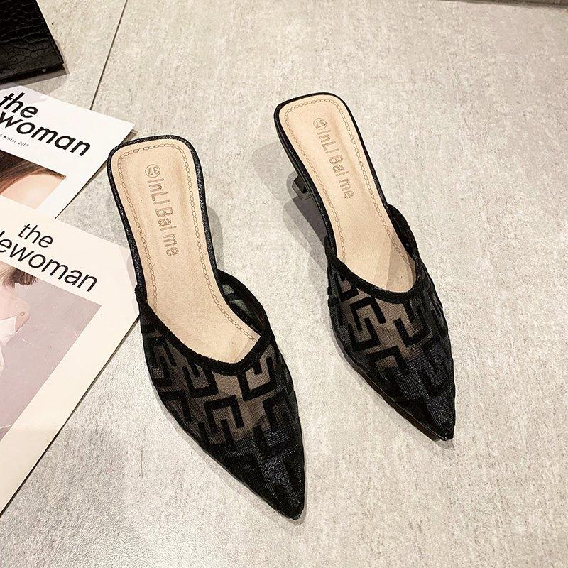 Women Mesh High Heels Temperament Sandals Female Summer Pointed Toe Party Thin Heeled Slippers Ladies Brand Design Slip On Shoes