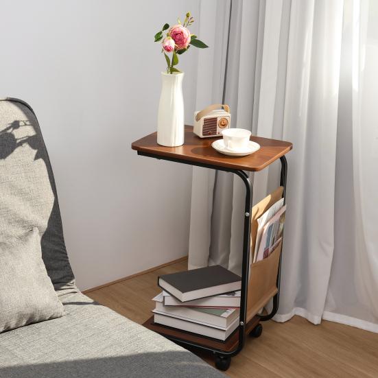 2-stöckiger C-förmiger Beistelltisch Rollender kleiner Kaffeetisch mit hölzerner Tischplatte Metallrahmen Wohnzimmer Schlafzimmer Ecke Nachttisch Schreibtisch mit Rädern
