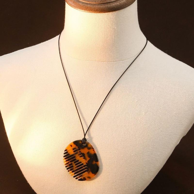 Leopard Print Comb Necklace Leather Rope Long Sweater Chain Necklace and Accessory