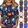 Womens Halloween Print Casual Three Quarter Sleeve Round Neck Top Lightweight Comfortable Fit Seasonal Shirt for Everyday Wear