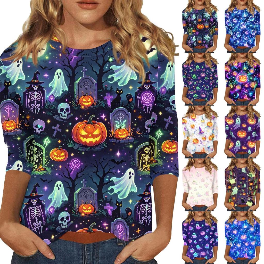 Womens Halloween Print Casual Three Quarter Sleeve Round Neck Top Lightweight Comfortable Fit Seasonal Shirt for Everyday Wear