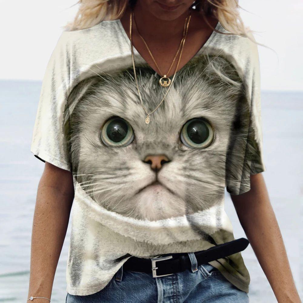 Summer V-neck 3D Cute Animal Cat Printed Top Fashionable Casual Short Sleeved Women's T-shirts