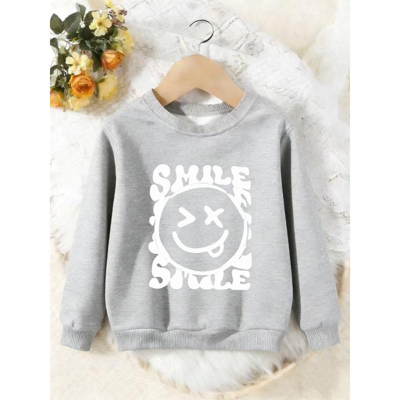 Unisex Kids Crewneck Sweatshirt, White Drip Smile Letter Funny Face Print Pullover, Boys Girls Streetwear Sweatshirt For Kids Over 4 Years Old
