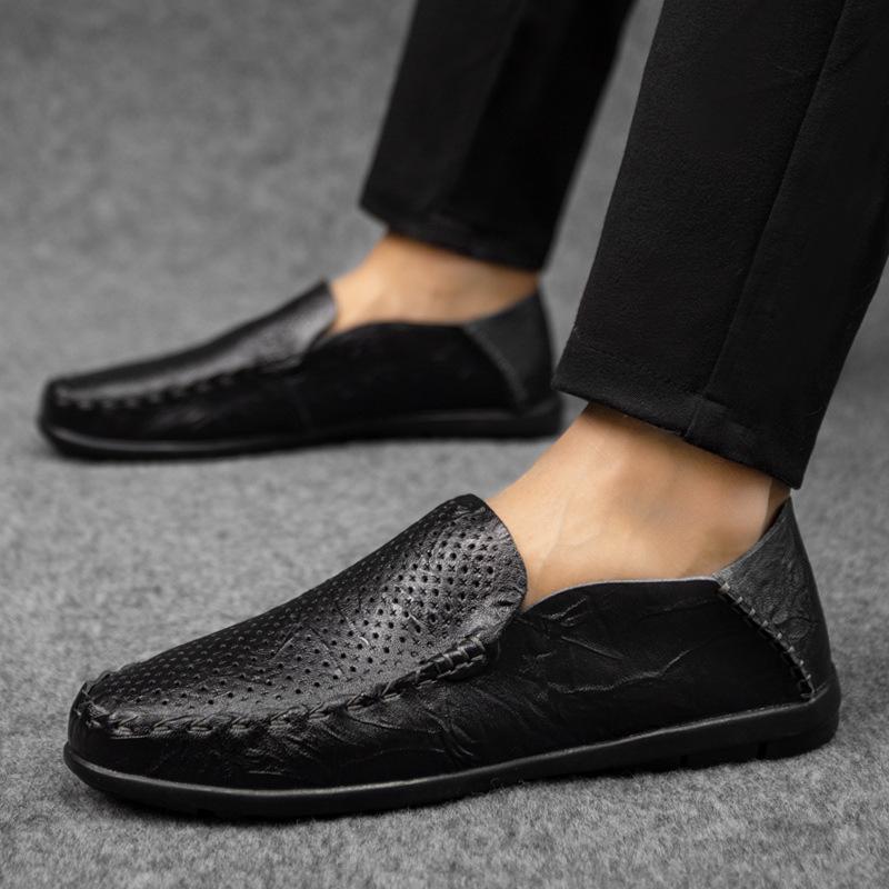 Plus Size Men's Shoes Summer Business Casual Leather Shoes Hollow Leather Sandals One Pedal Loafers