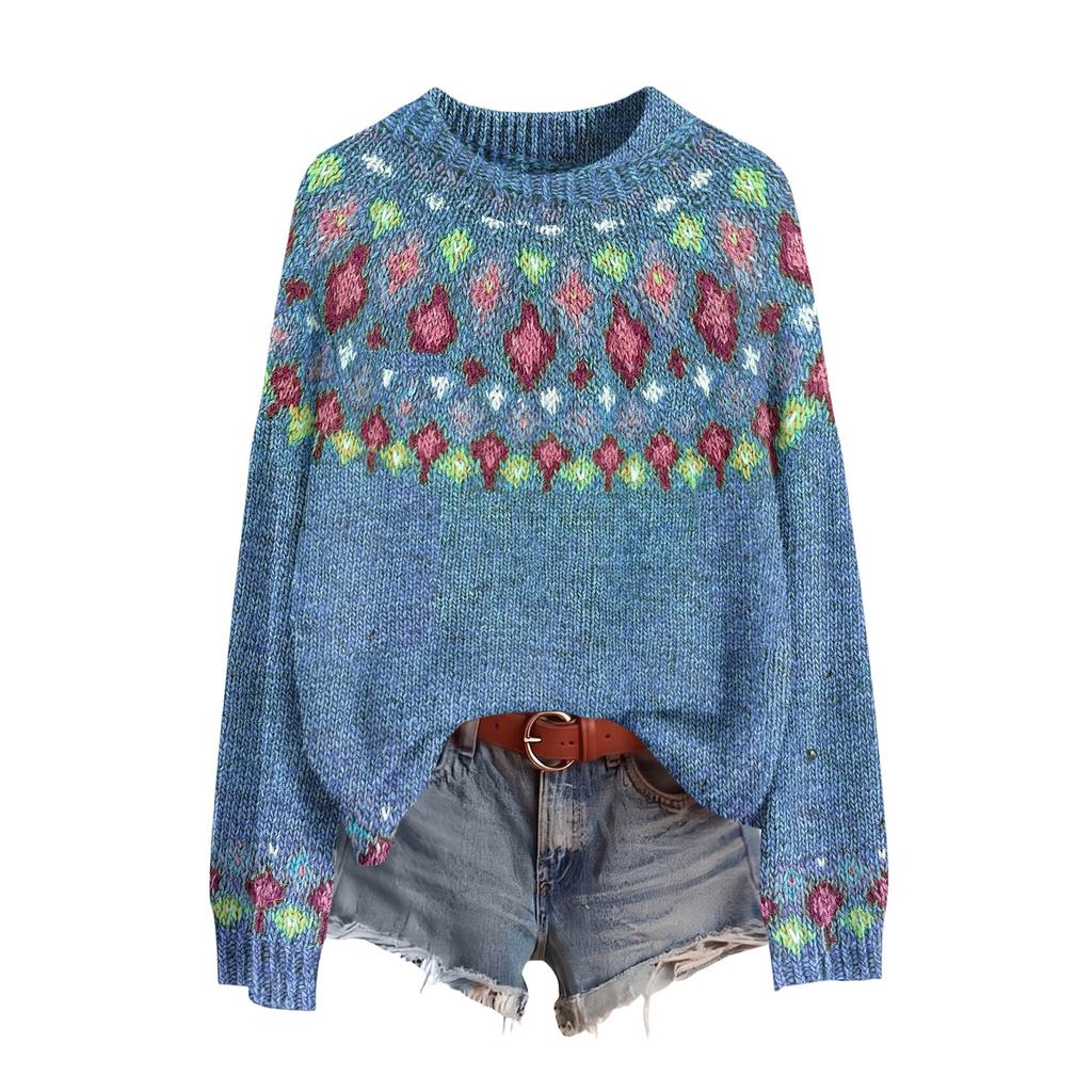 Women's Casual Long Sleeve Round Neck Soft Printed Sweater Pullover for Fall Winter