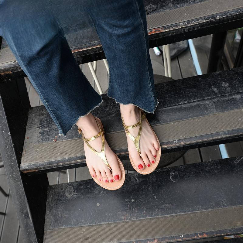 Pinch-toe Sandals Women's Simple Flat-soled Gold Sandals Large Size 41-43