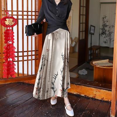 Women High Waist Vintage Elegant Flower Bird Print Pleated Lace-up Hanfu Maxi Skirt