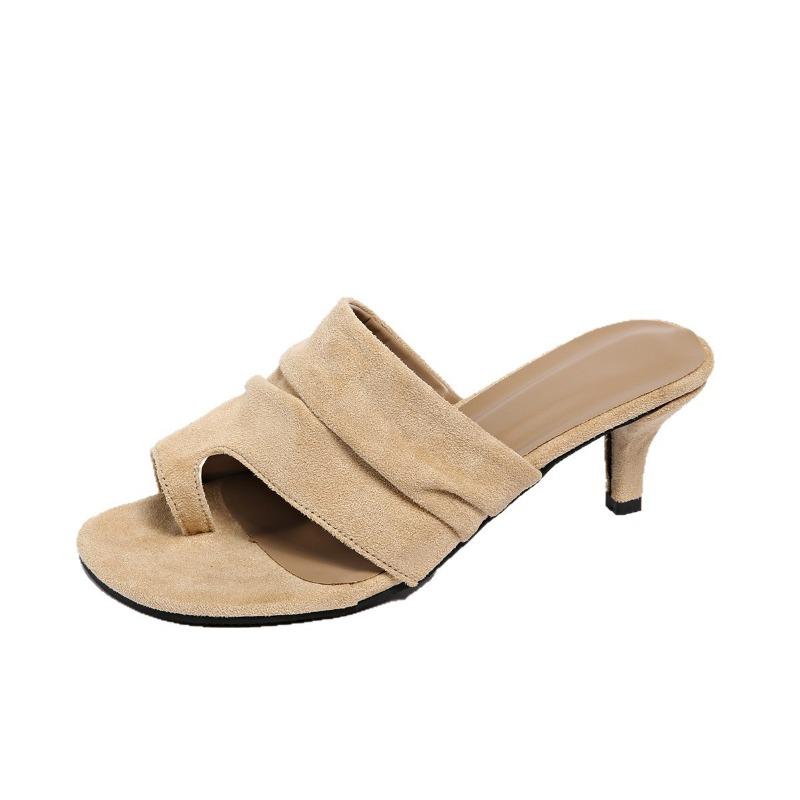 High-heeled cool slippers for women's summer new fashionable square-headed denim open-toed thin-heeled lady's style half-slippers for women