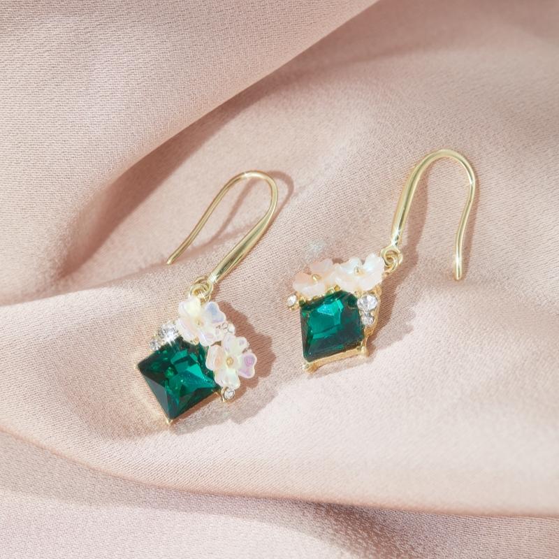 Vintage Exquisite Trendy Green Square Zircon Flower Pendant Earrings for Women Personalized Fashion Elegant Zircon Gift