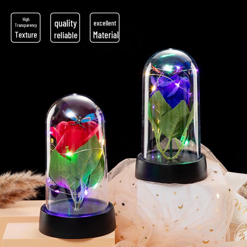 Eternal Flower Glass Dome Night Light - Gold Foil Butterfly Rose & Dried Flower Table Decoration