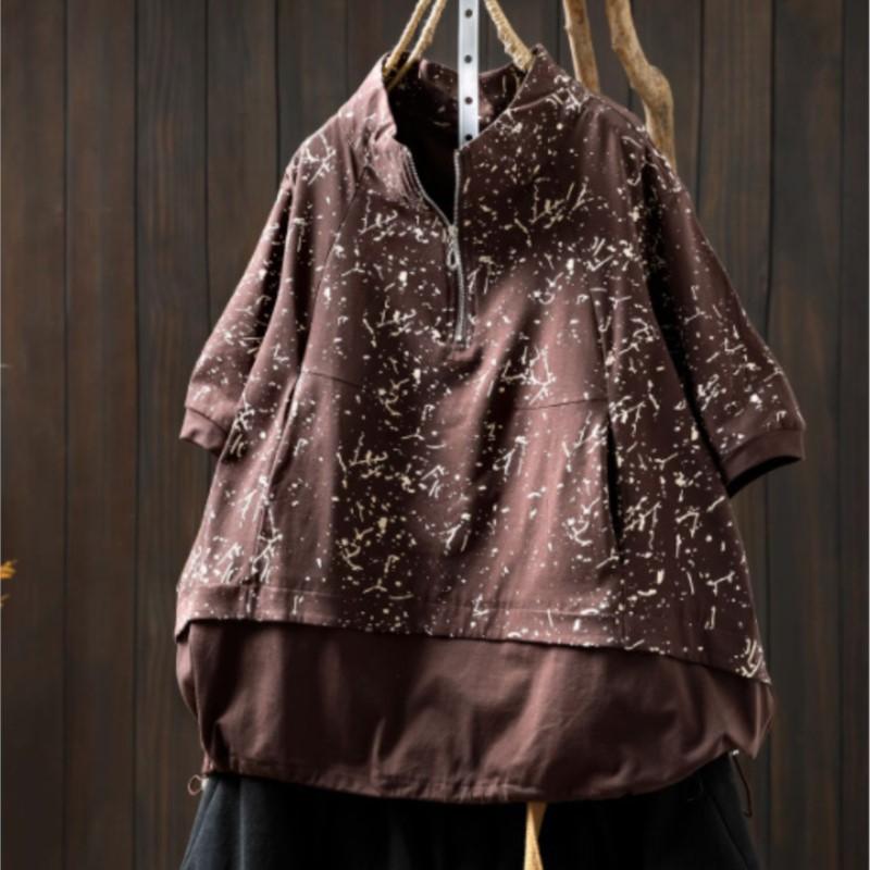 Johnature Women Vintage Print Floral T-Shirts Turtleneck Short Sleeve Patchwork Summer Zipper Casual T-Shirts