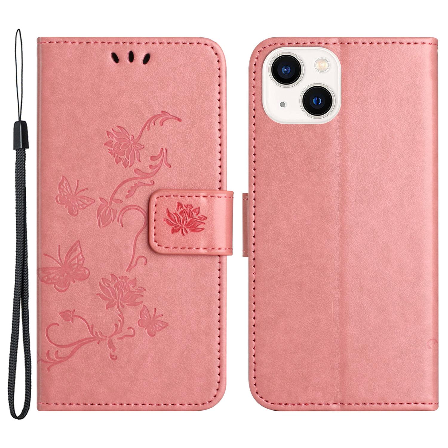 

PU Leather Wallet Phone Case for iPhone 15,Butterfly Flower Imprinted Stand Smartphone Cover Pink