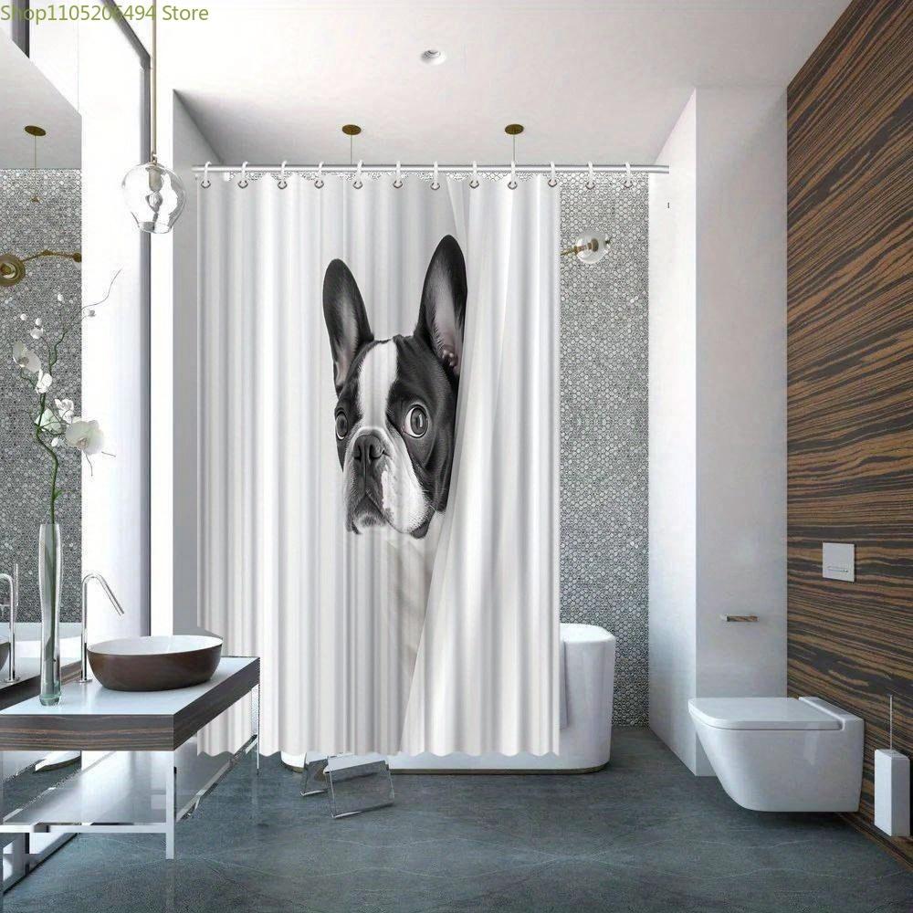 1pc Boston Terrier Dog Print Shower Curtain, Botanical Watercolor Style, Polyester, Washable, with 12 Hooks, 179.83x179.83 Cm,
