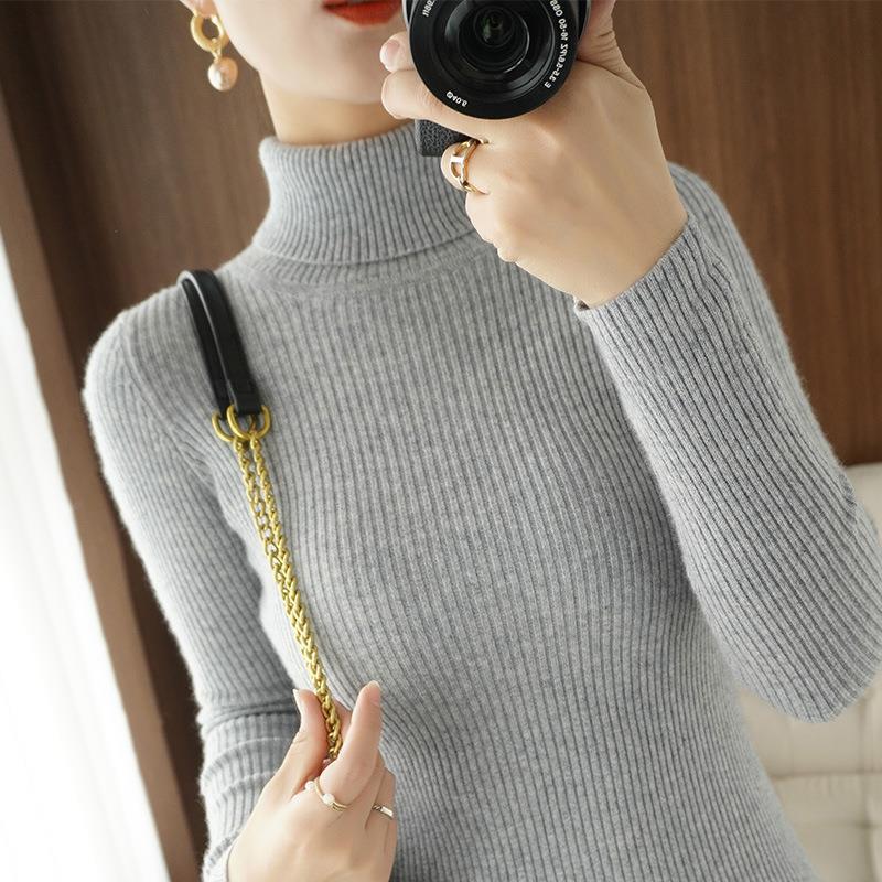 Women's Autumn Winter High Neck Slim-Fit Ribbed Knit Base Layer Sweater for Office Wear