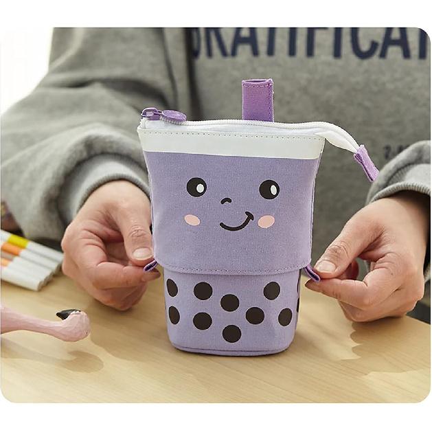 3 Pack Telescopic Pencil Pouch Bag Pop Up Pencil Case Stand Up Pen Holder Cute Polka Dot Canvas Pen Bag, Standing Stationery Case Holder for Students